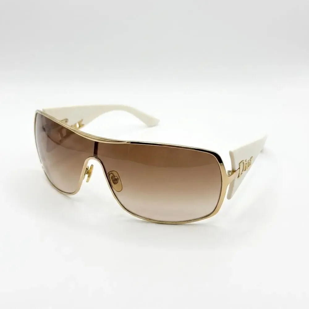 Dior White Gold Shield Sunglasses Brown Gradient Lens Oversized Y2K